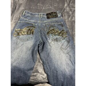 VTG Southpole Loose Baggy Fit Wide Y2K Blue Faded Graphic Denim Jeans Sz 34X30